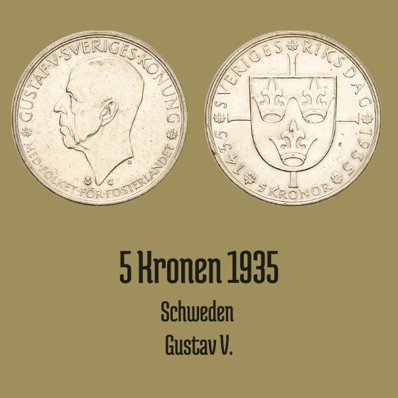 5 Kronen 1935 Schweden 500 Jahre Reichstag