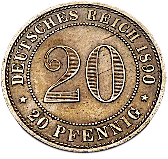 Original 20 Pfennig 1890 aus dem Deutschen Reich in Kupfer-Nickel.