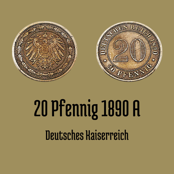 Original 20 Pfennig 1890 aus dem Deutschen Reich in Kupfer-Nickel.